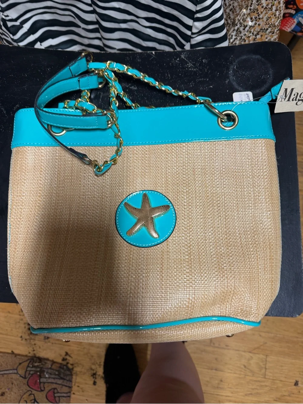 Woven Straw Tote with Turquoise Trim and Starfish Accent by Magid handbags NWT